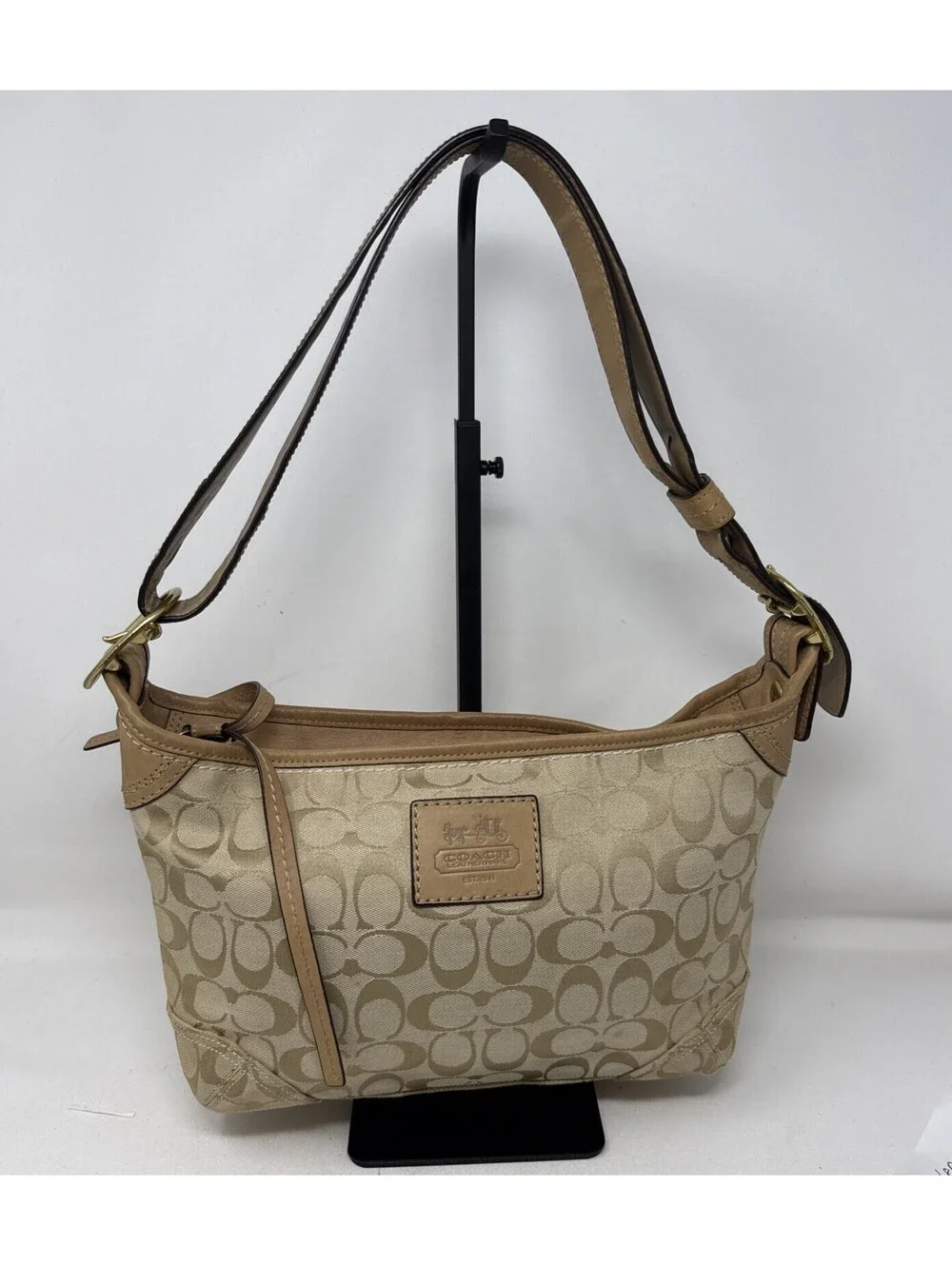 Coach Signature Monogram Crescent Shoulder Bag Beige